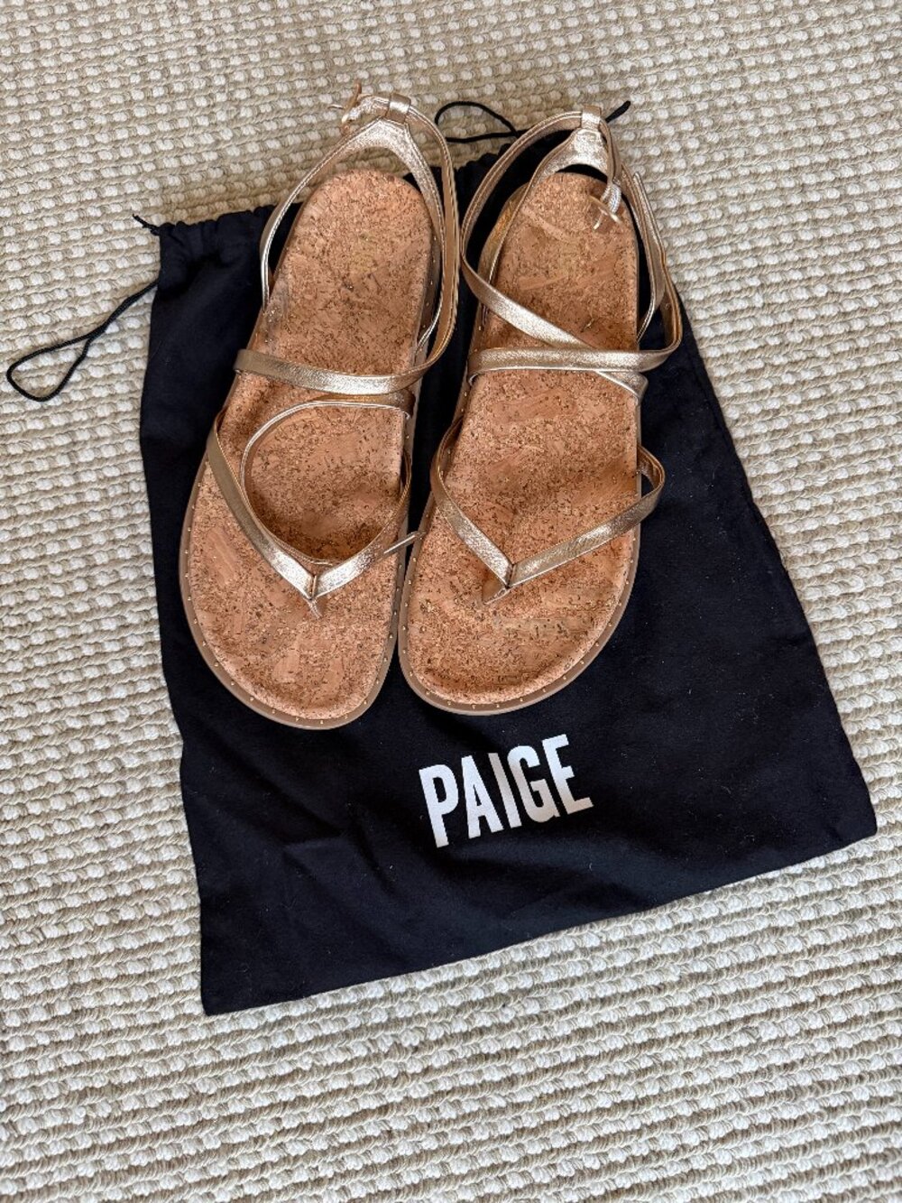 Paige Gold Metallic Strappy Sandal Size 9 Cork Footbed Ankle Wrap Never Worn
